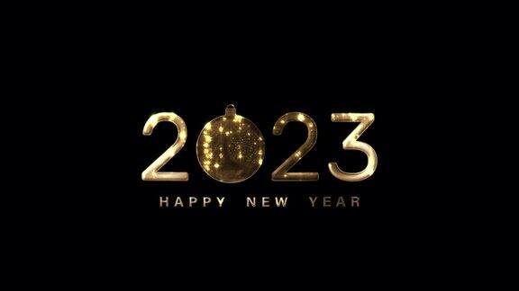 2023年新年快乐金色闪耀的文字和黑色背景上的雪球动画与alpha通道quicktimeprores444隔离