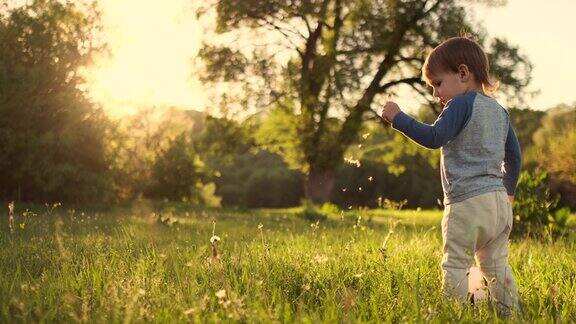 小男孩在夏天拿着足球在草地上奔跑