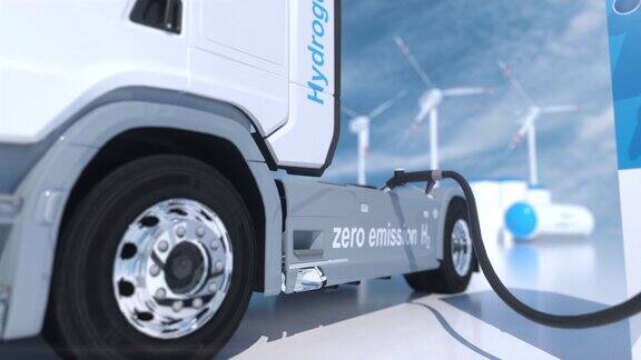 加油站加油机上的氢气标志h2燃烧卡车发动机无排放环保运输三维渲染