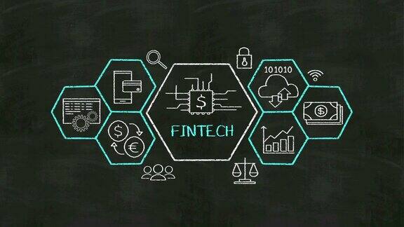 金融科技图标和各种图形在黑板上