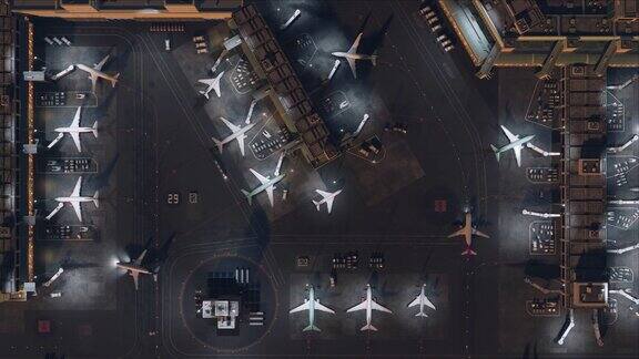 3D商业机场鸟瞰图与飞机客运码头跑道和服务机械渲染自顶向下平移视图现代视觉特效飞机移动国际港口在晚上