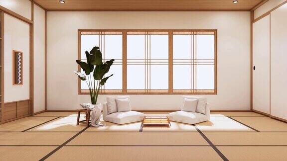 带有极简风格沙发的客厅白色热带风格木地板三维渲染