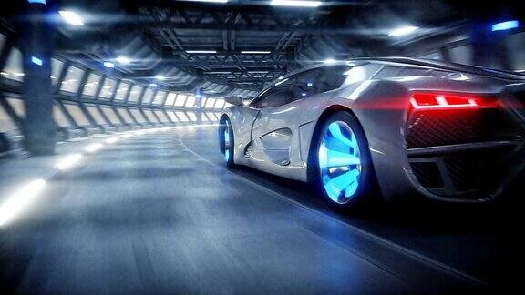 未来汽车在科幻隧道、走廊中快速行驶未来现实的4k的动画