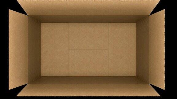 顶视图的纸板盒打开和关闭的白色和黑色背景阿尔法蒙版无缝循环3d动画存储盒交付
