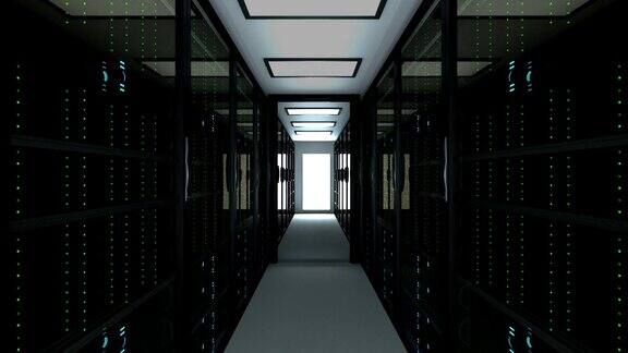 数据中心的现代服务器室内部网络和互联网通信技术大数据存储和云服务概念3d渲染