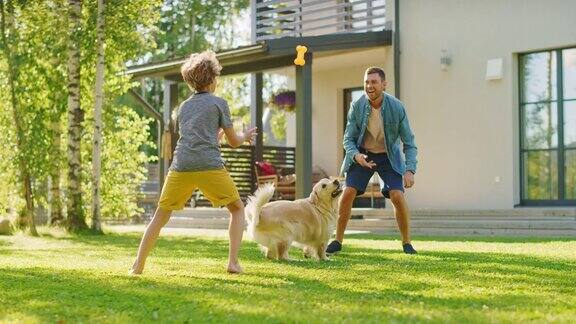 英俊的父亲和儿子与忠诚的家庭朋友金毛猎犬玩接球游戏家庭花时间一起训练狗阳光明媚的一天田园般的郊区家庭后院慢动作镜头