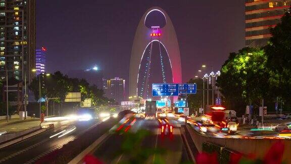 著名的广州市市中心交通繁忙的公路桥夜景照亮了时间推移的全景4k中国