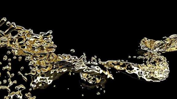 金色液体浇注动画油滴和飞溅扭动逼真的3d镜头发光的液体流动孤立在黑色背景流体涡流动态视频