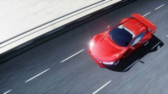高速公路上未来红色电动汽车的3d模型开车非常快未来现实的4k的动画