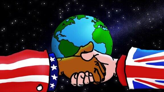 美国人和英国人的手在地球前面握手