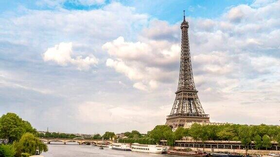 法国巴黎时间流逝4K塞纳河和埃菲尔铁塔的城市时间流逝崩塌