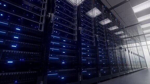 现代化的内部服务器室数据中心云计算数据中心服务器室连接和网络备份采矿主机主机农场云和计算机机架4K超高清3d动画