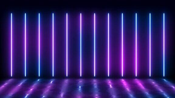 蓝色霓虹灯框架带棒紫外线灯80年代复古风格时尚秀舞台抽象背景照亮框架设计抽象的宇宙充满活力的led灯背景与湿反射地板
