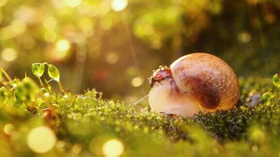 在夕阳下大雨下的蜗牛和瓢虫的野生动物特写