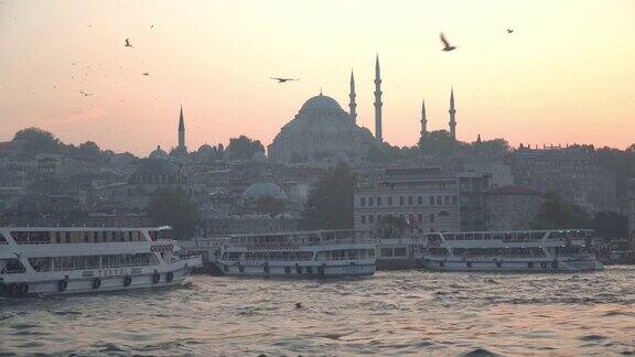 美丽的倾斜景观旅游地标在Eminönü(Turyol)港口日落