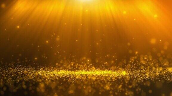 无缝循环闪闪发光的金黄色颗粒舞台和光线照耀抽象背景带有散景效果的闪烁粒子