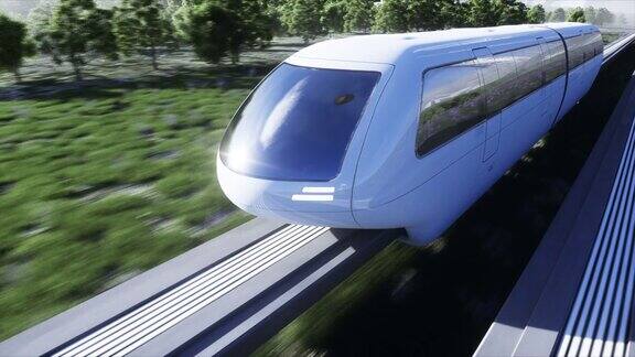 未来科幻单轨火车未来未来的城市背景草地4k现实的动画