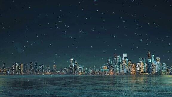 在冬天下雪的夜晚城市里摩天大楼的灯光