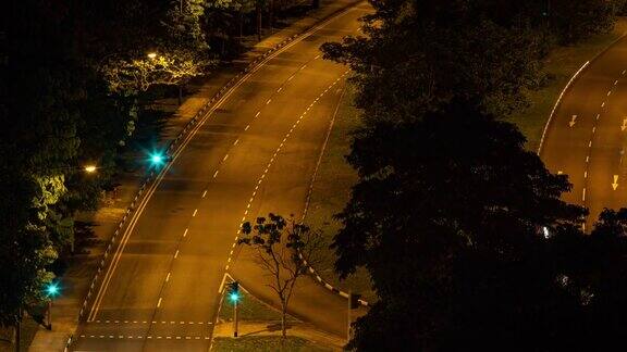 新加坡树路上夜间交通的空中延时