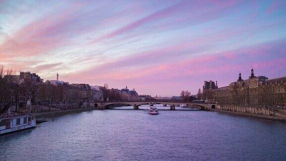 法国巴黎塞纳河日落天空桥艺术全景4k时间流逝