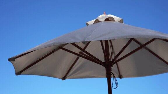 美丽的雨伞和椅子围绕在游泳池附近的海滩