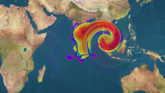 一张气象地图在世界地图上追踪飓风