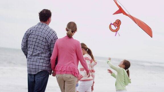 快乐的白种人家庭在户外沙滩上放风筝