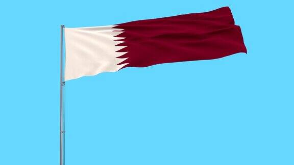 孤立的旗帜卡塔尔在旗杆在风中飘扬的蓝色背景3d渲染
