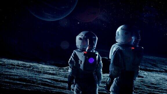 两名宇航员穿着太空服站在外星看天空中两颗美丽的行星太空旅行宜居世界和殖民概念
