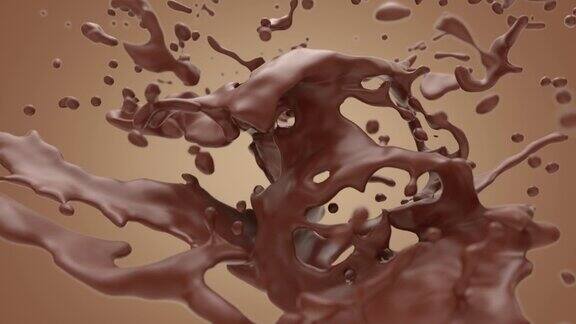三维动画巧克力碰撞和飞溅与阿尔法伴侣在慢动作