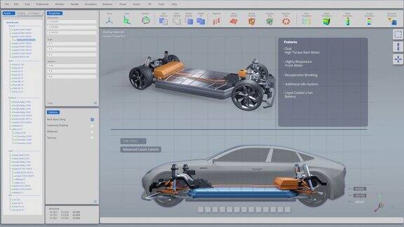 在CAD软件中开发电动汽车原型三维图形可视化一个完成的未来概念车的实时动画计算机显示器的模拟视觉特效模板
