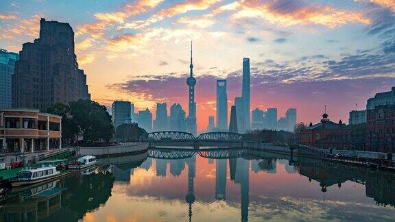 上海陆家嘴外白渡桥早晨日出火烧云延时