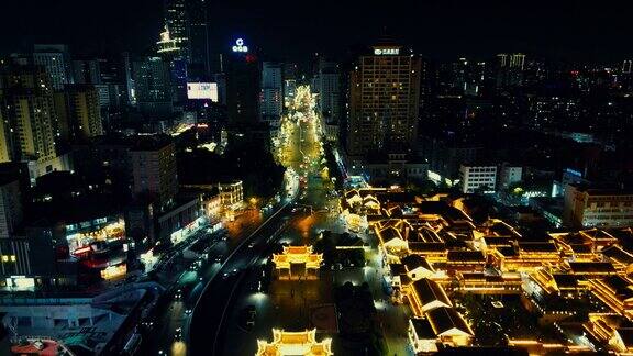 航拍云南昆明金碧广场金马碧鸡坊夜景