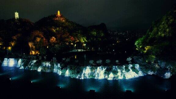 广西柳州柳江瀑布夜景航拍