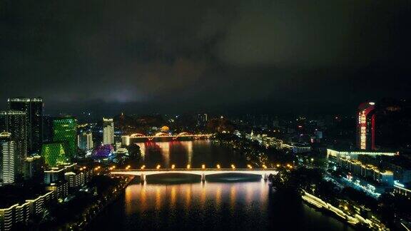 广西柳州柳江桥梁夜景航拍
