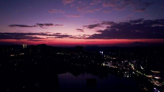 湖南郴州日落晚霞夜景航拍