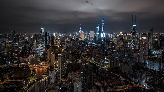 4K航拍上海黄浦区夜景延时