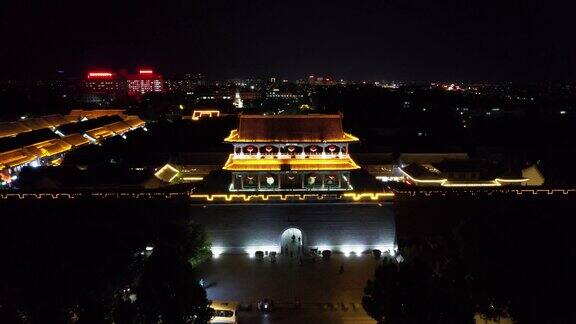 山东青州古城古城门夜景航拍