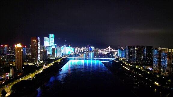 航拍福建福州闽江两岸夜景