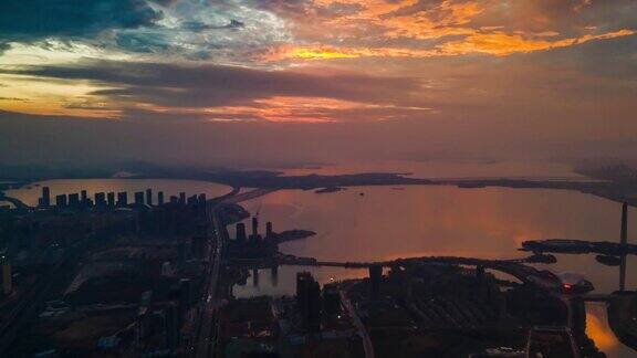 江西九江城市风光航拍延时昼转夜晚霞夕阳下的城市