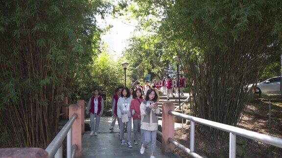 大学生走过廊桥