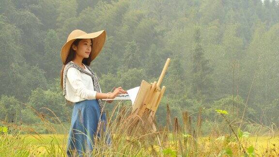 女子在稻田地速写背影