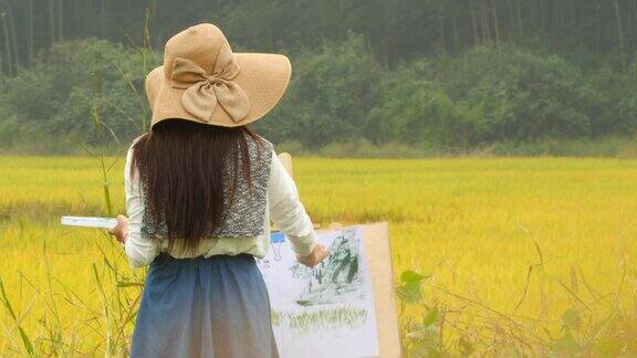 女子在稻田地速写背影