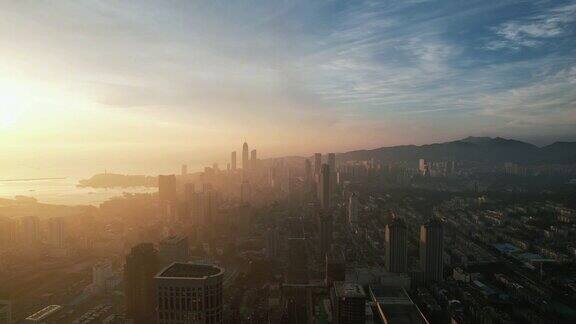 山东烟台城市清晨航拍