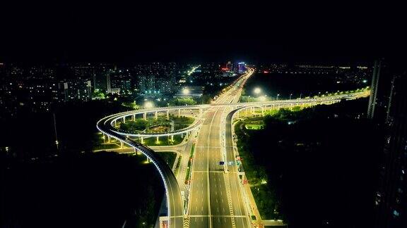 山东潍坊城市高架桥夜景交通航拍