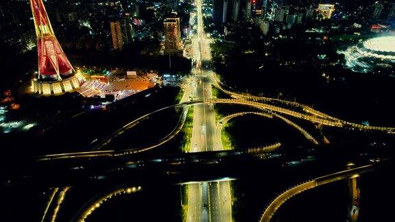 郑州城市高架桥夜景交通航拍