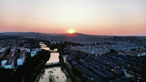 城市日落晚霞夕阳西下山东青州航拍 