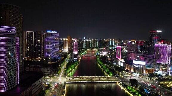 航拍浙江宁波城市夜景奉化江江夏桥