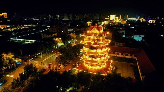 河北沧州清风楼夜景航拍