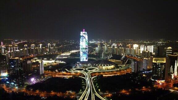航拍河南郑州会展中心千玺广场夜景